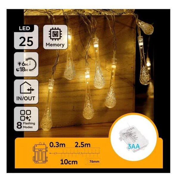 Aigostar - LED външен коледен гирлянд 25xLED/8 функции 3xAA 2,5m IP44 топла бяла с капковидни лампички