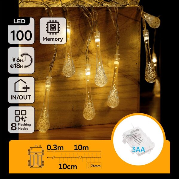 Aigostar - LED външна коледна гирлянда 100xLED/8 режима 3xAA 10m IP44 топла бяла капки