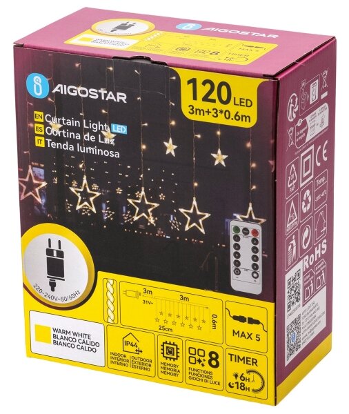 Aigostar - LED външен коледен гирлянд 120xLED/6W/230V/8 функции 3x0,6m IP44 топла бяла + дистанционно управление