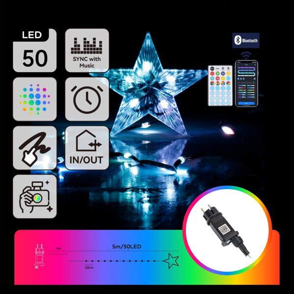 Aigostar - LED RGBICW Външна гирлянда 50xLED/10W/230V 5m IP44 + дистанционно управление