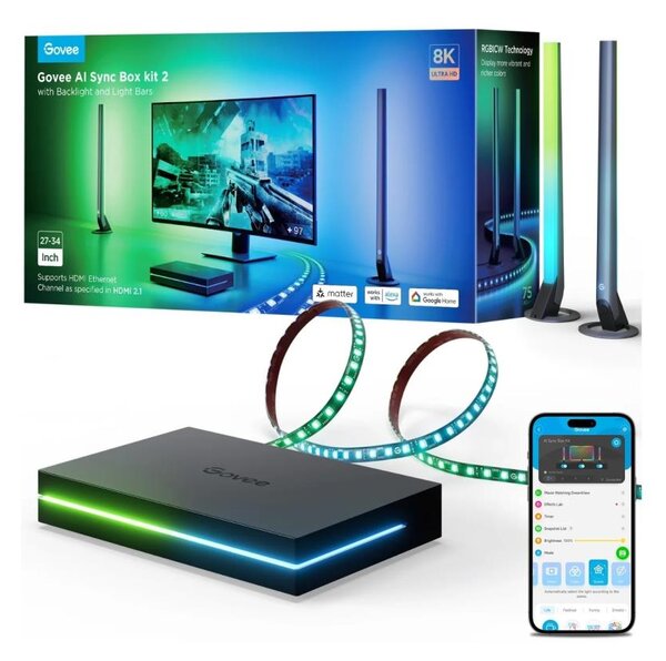 Govee - AI Sync Box Kit 2 интелигентен комплект за компютърно осветление 27-34" + LED панели с Wi-Fi