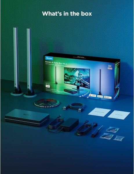 Govee - AI Sync Box Kit 2 интелигентен комплект за компютърно осветление 27-34" + LED панели с Wi-Fi
