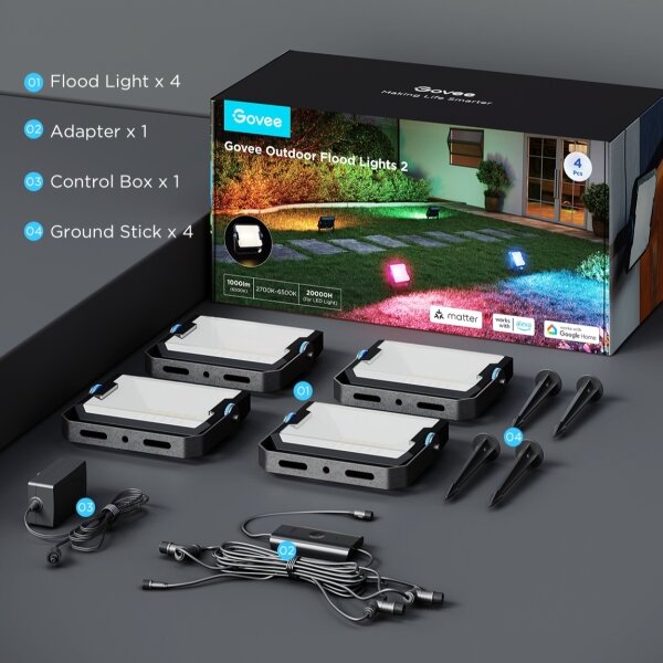 Govee - Комплект от 4 димируеми RGBICWW LED прожектора, 24W/230V, IP66, матови, Wi-Fi