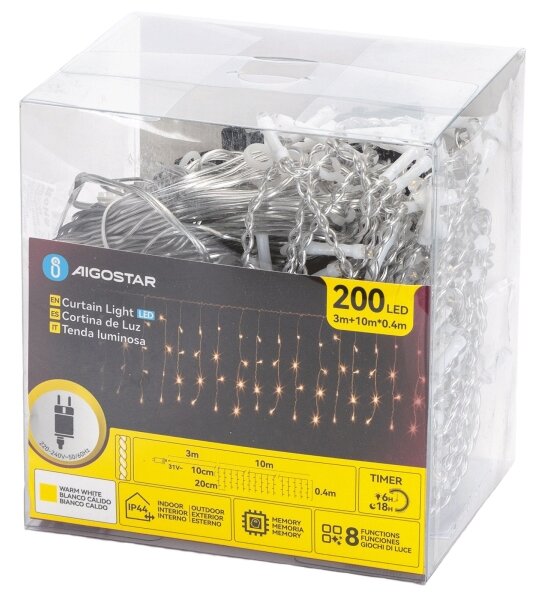 Aigostar - LED външна коледна гирлянда 200xLED/3,6W/230V/8 режима 10x0,4m IP44 топла бяла светлина