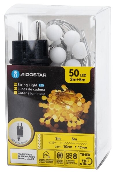 Aigostar - LED външна декоративна гирлянда 50xLED/3,6W/230V/8 функции 5m IP44 топла бяла светлина