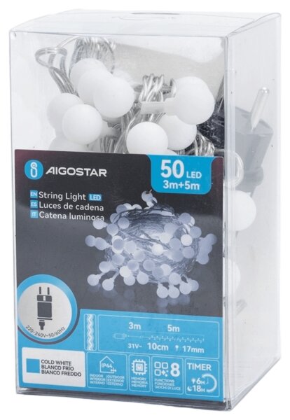 Aigostar - LED външна декоративна верига 50xLED/3,6W/230V/8 функции 5m IP44 студено бяла