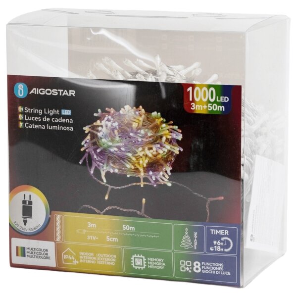 Aigostar - Външна LED гирлянда 1000 LED, 8 режима, 53 m, IP44, многоцветна