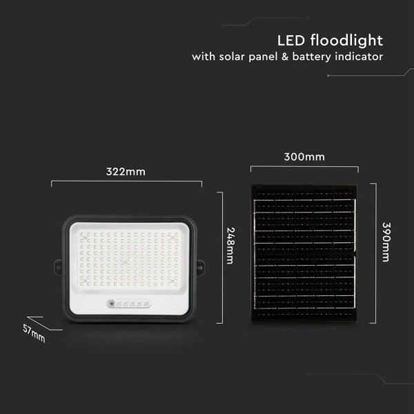 LED димируем соларен прожектор LED/300W/3,2V IP65 15000 mAh черен + дистанционно управление