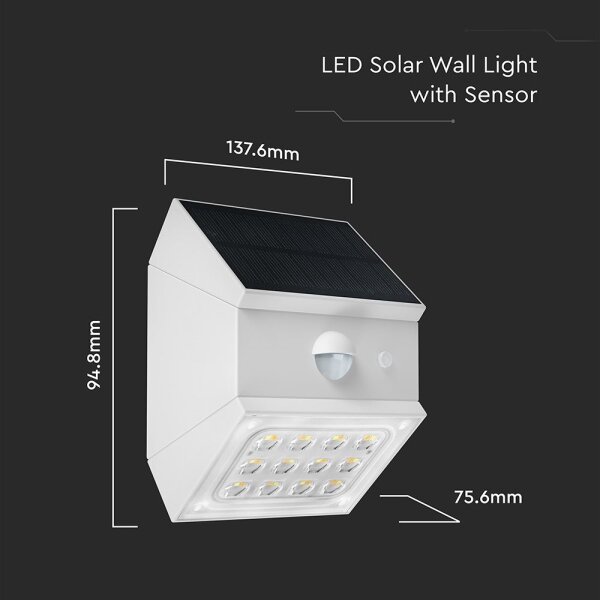 LED соларен стенен осветител със сензор LED/2,5W/3,7V IP65 1200 mAh бял