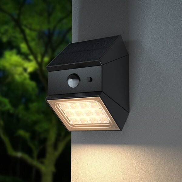 LED стенен соларен осветител със сензор LED/2,5W/3,7V IP65 1200 mAh черен