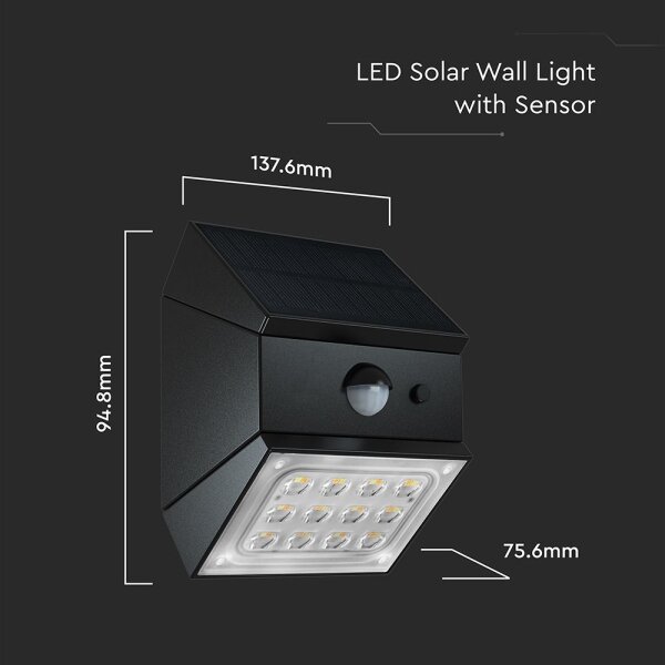 LED стенен соларен осветител със сензор LED/2,5W/3,7V IP65 1200 mAh черен