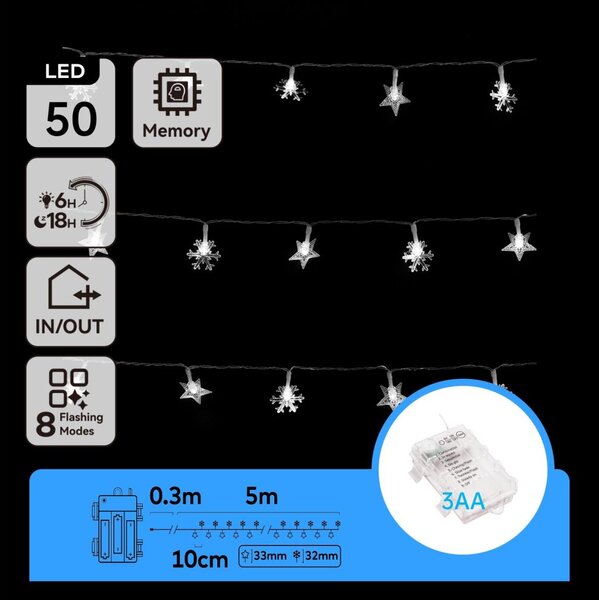 Aigostar - Външен LED гирлянд 50xLED/8 режима 3xAA 5 m IP44 студено бяло