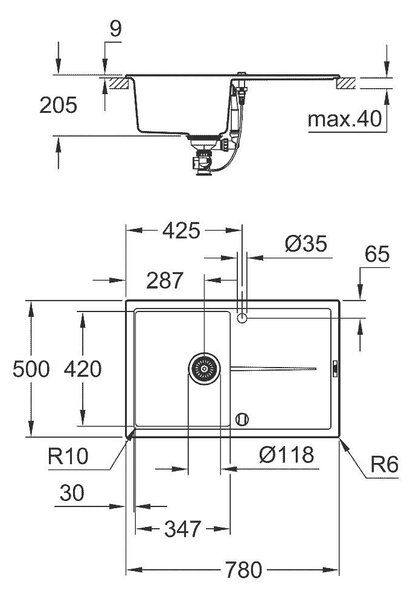 Grohe K400 Композитна кухненска мивка с отцедник, 780 x 500 mm, черен гранит