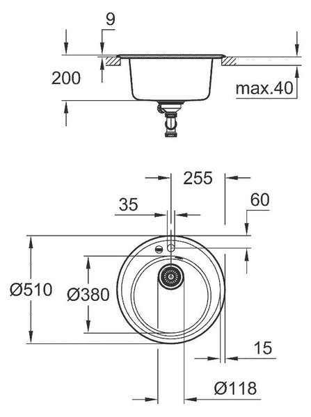 Grohe K200 Композитна кухненска мивка, кръгла, Ø 380 мм, черен гранит
