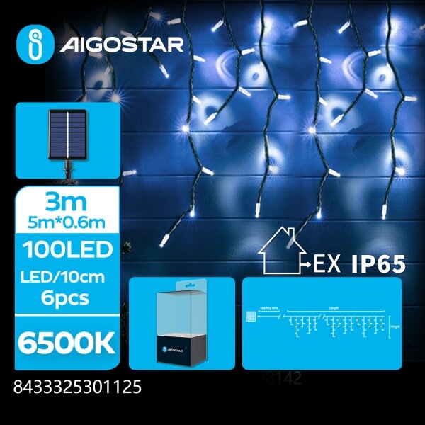Aigostar - Соларна LED гирлянда 100xLED/8 режима 8x0,6m IP65 студено бяла