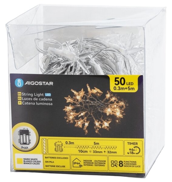Aigostar - LED външна коледна гирлянда 50xLED/8 функции 3xAA 5m IP44 топла бяла светлина звезди