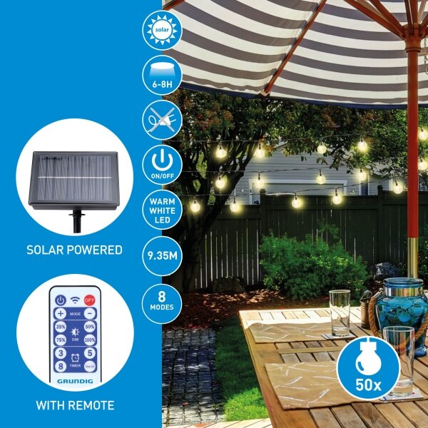 Grundig - LED соларен верижен светлинен 50xLED/8 функции 9,35м топло бяло + DO