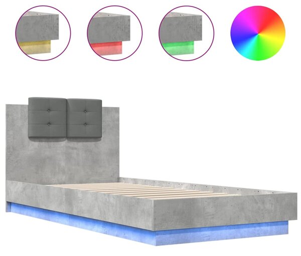 VidaXL Рамка за легло с табла и LED осветление, бетонно сив, 90x200 см