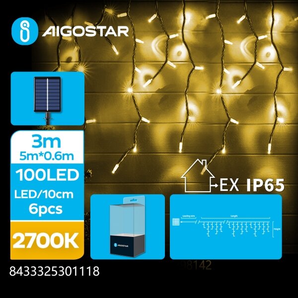 Aigostar - LED соларна гирлянда 100xLED/8 функции 8x0,6m IP65 топло бяло