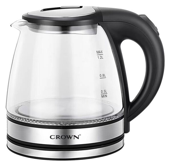 Електрическа кана Crown CK-1215G, вместимост 1 литър, 360° въртяща се основа, 1500W, прозрачна