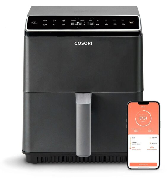 Фритюрник с горещ въздух Cosori Dual Blaze Pro CAF-P681S, 1700 W, 6.4 л, 12 програми, 360 ThermoIQ, Двойни нагреватели, Керамично покритие без PFAS, Черен