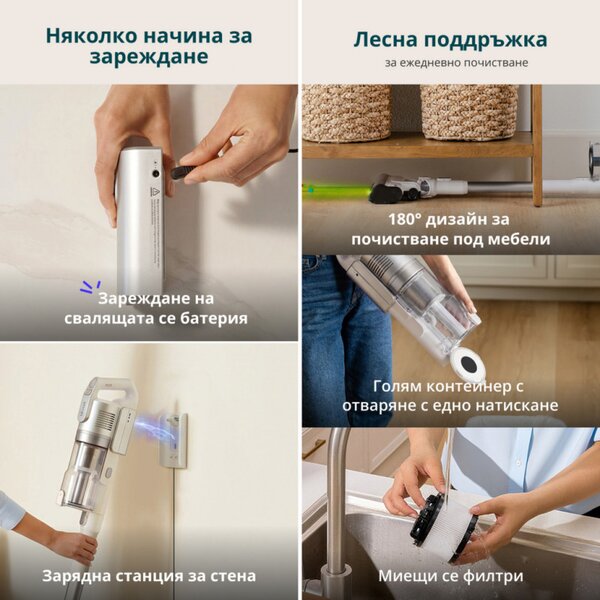 Вертикална прахосмукачка Levoit VortexIQ LSV-V221-VEU, 210W, 0.85 л, 50 мин, 3 степени, Зелена светлина при четката NeoSight™, 5-степенна HEPA, 180° глава, Бял/сребрист