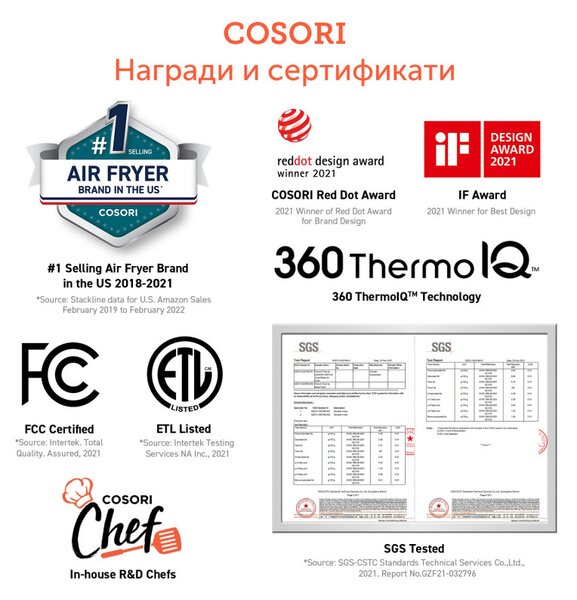 Фритюрник с горещ въздух Cosori Dual Blaze Pro CAF-P681S, 1700 W, 6.4 л, 12 програми, 360 ThermoIQ, Двойни нагреватели, Керамично покритие без PFAS, Черен