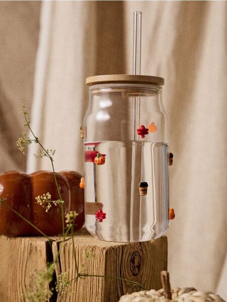 Sinsay - Стъклена чаша с бамбуков капак, сламка и есенен мотив - clear
