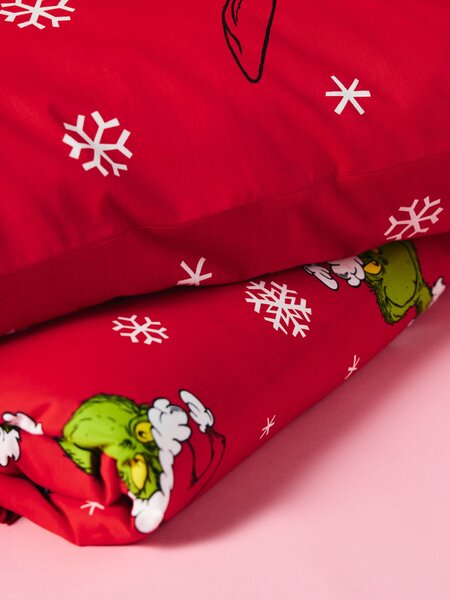 Sinsay - Комплект памучно спално бельо с коледен десен Grinch - червeн