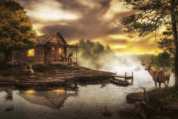 Флизелинов фототапет дървена къща край потока 375 x 250 см