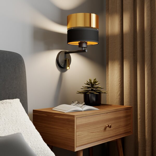 TK Lighting Стенна лампа Hilton черно/златно с LED за четене, Черен, Дневна/трапезария, Метал, Модерен, Светлина за четене