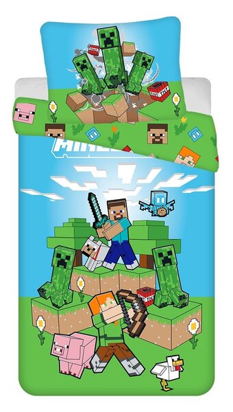 Зелено-синьо единично памучно детско спално бельо 140x200 cm Minecraft "Outdoor Mobs" – Jerry Fabrics
