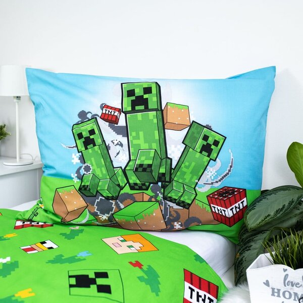 Зелено-синьо единично памучно детско спално бельо 140x200 cm Minecraft "Outdoor Mobs" – Jerry Fabrics