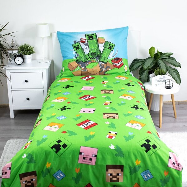 Зелено-синьо единично памучно детско спално бельо 140x200 cm Minecraft "Outdoor Mobs" – Jerry Fabrics