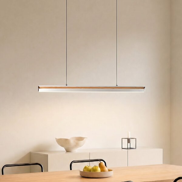 Lucande LED висяща лампа Lutana, розово злато/цвят на дърво, 101 cm, Затъмняване, Дърво, Дневна/трапезария, Метал, Модерен
