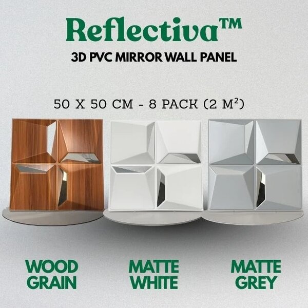 Reflectiva™ 3d Pvc огледален стенен панел 50 X 50 см - 8 броя, Дървесен ефект