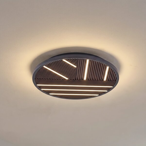 Lucande LED таванска лампа Orven, дърво, Ø 50 cm, с регулиране на яркостта, Затъмняване, Черен, Дневна/трапезария, Метал, Модерен