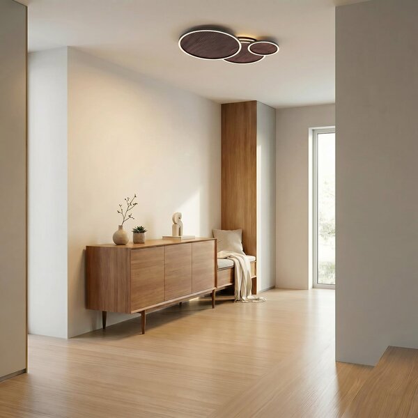 Lucande LED таванска лампа Orven, черна/дърво, 80 cm, с регулиране на яркостта, Затъмняване, Черен, Дневна/трапезария, Метал, Модерен