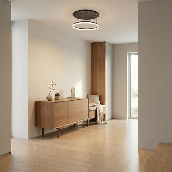 Lucande LED плафон Orven, черен/мрамор, Ø 50 cm, дим., Затъмняване, Черен, Дневна/трапезария, Метал, Модерен