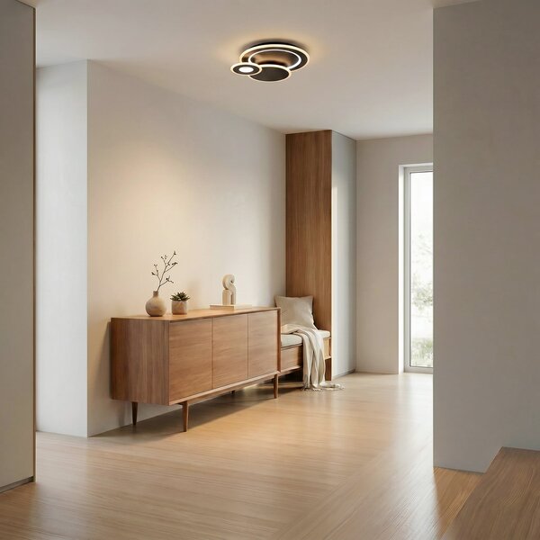 Lindby LED плафон Briar, черен, метал, дистанционно управление, Затъмняване, Черен, Дневна/трапезария, Пластмаса, Модерен