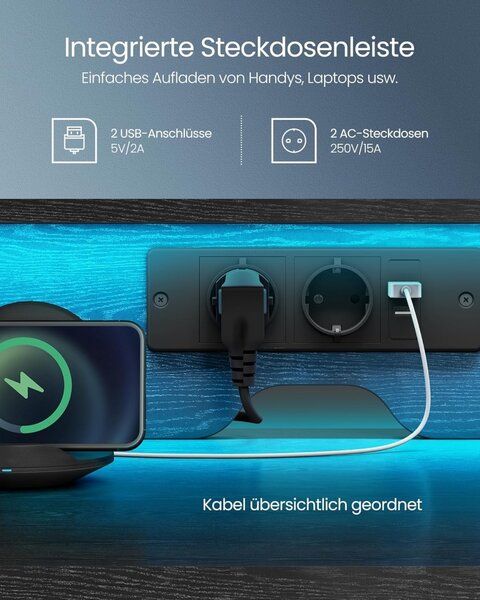 Бюро Vasagle Черно, LED, 2 USB-A, 55 x 135 x 90 см