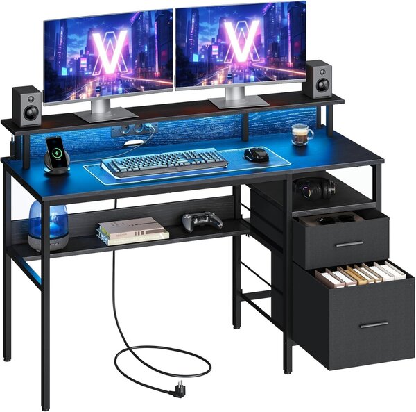 Бюро Vasagle Черно, LED, 2 USB-A, 55 x 135 x 90 см