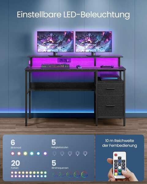 Бюро Vasagle Черно, LED, 2 USB-A, 55 x 135 x 90 см
