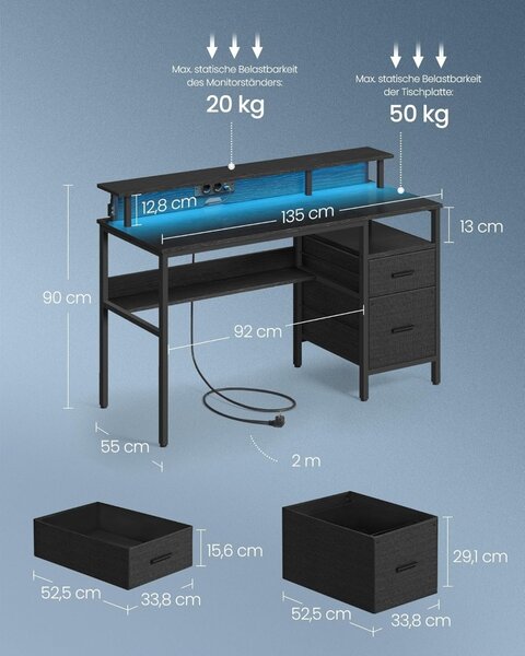 Бюро Vasagle Черно, LED, 2 USB-A, 55 x 135 x 90 см