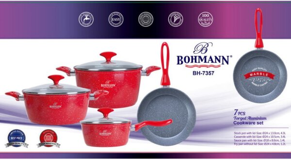 Комплект тенджери и тиган Bohmann BH 7357, 7 части, Мраморно покритие, Многослойно дъно, Индукция, Червен