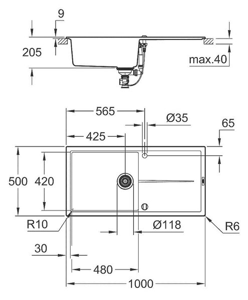 Grohe K400 Композитна кухненска мивка с отцедник, 1000 x 500 mm, черен гранит