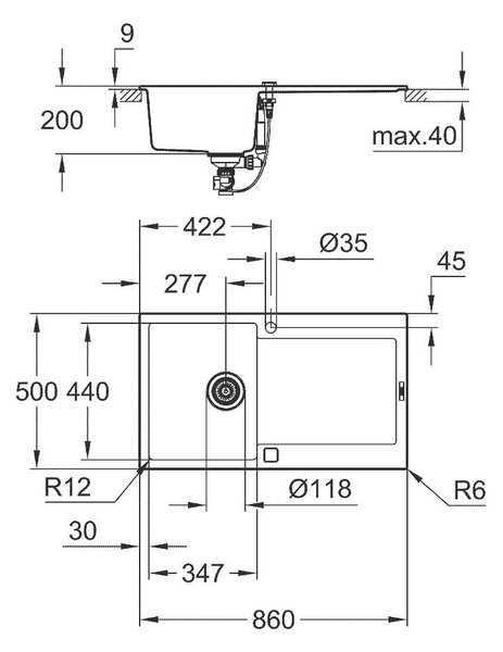 Grohe K500 Композитна кухненска мивка с отцедник, 860 x 500 мм, черен гранит