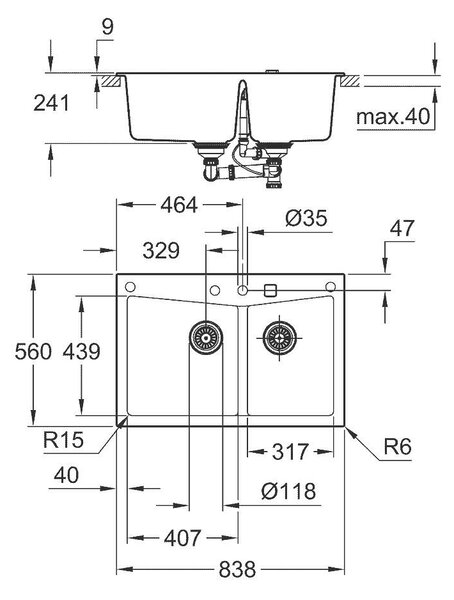 Grohe K700 Композитна кухненска мивка, 838 x 559 mm, две корита, черен гранит