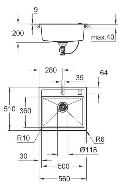 Grohe K700 Композитна кухненска мивка, 560 x 510 mm, черен гранит