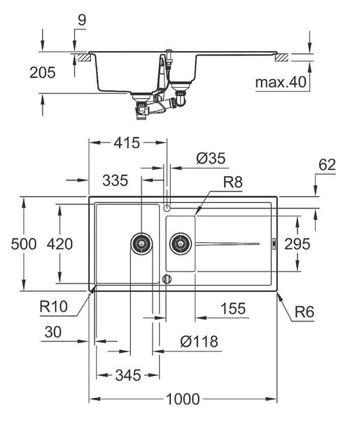 Grohe K400 Композитна кухненска мивка с отцедник, 1000 x 500 mm, двукоритна, черен гранит